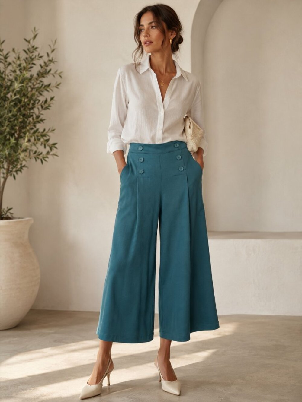 Liverpool Los Angeles Wide Leg Cropped Pants Teal | Button Detail | Sz Med